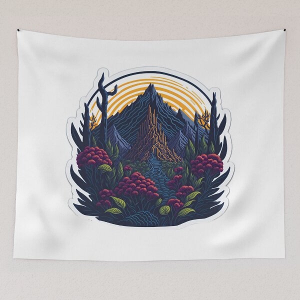 Item preview, Clean Flat White Background Fantasy Flowers Artwork Isometric Sunset Mountains T-Shirt Design Vibrant Majestic Forest Trees Clipart Photorealistic Stone Temple Covered in Vines Sticker designed and sold by RedArtG09.