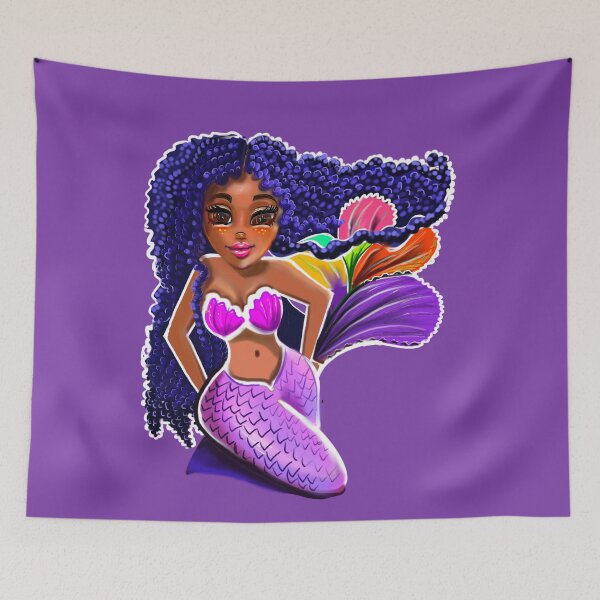 Item preview, Mermaid with blue curly Afro hair and brown skin - African American Mermaidcore designed and sold by Artonmytee.