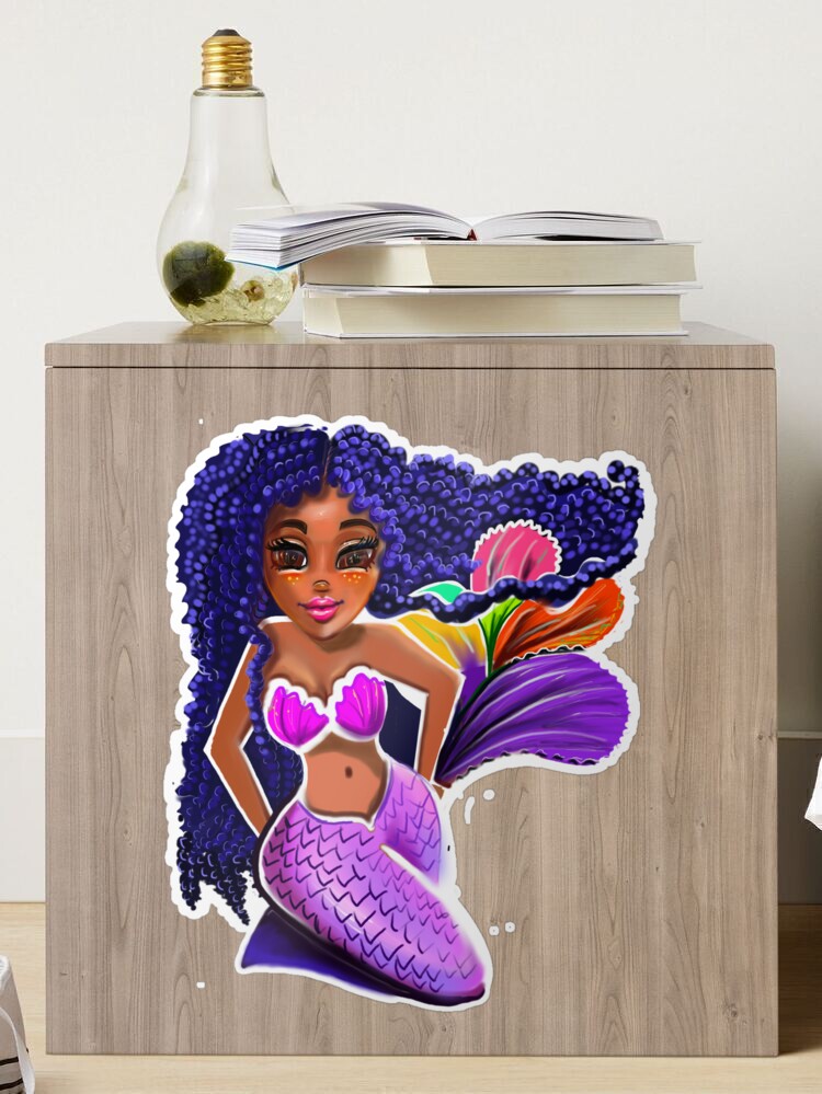 Mermaid with flowing locks , brown eyes curly Afro hair and