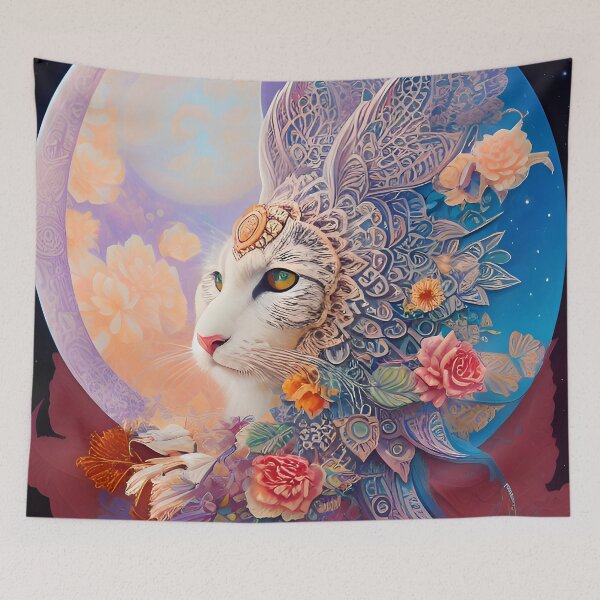 Item preview, Mysterious Royal Moon Cat with Lace Wings and Roses AI Art designed and sold by BlueIrisMarket.