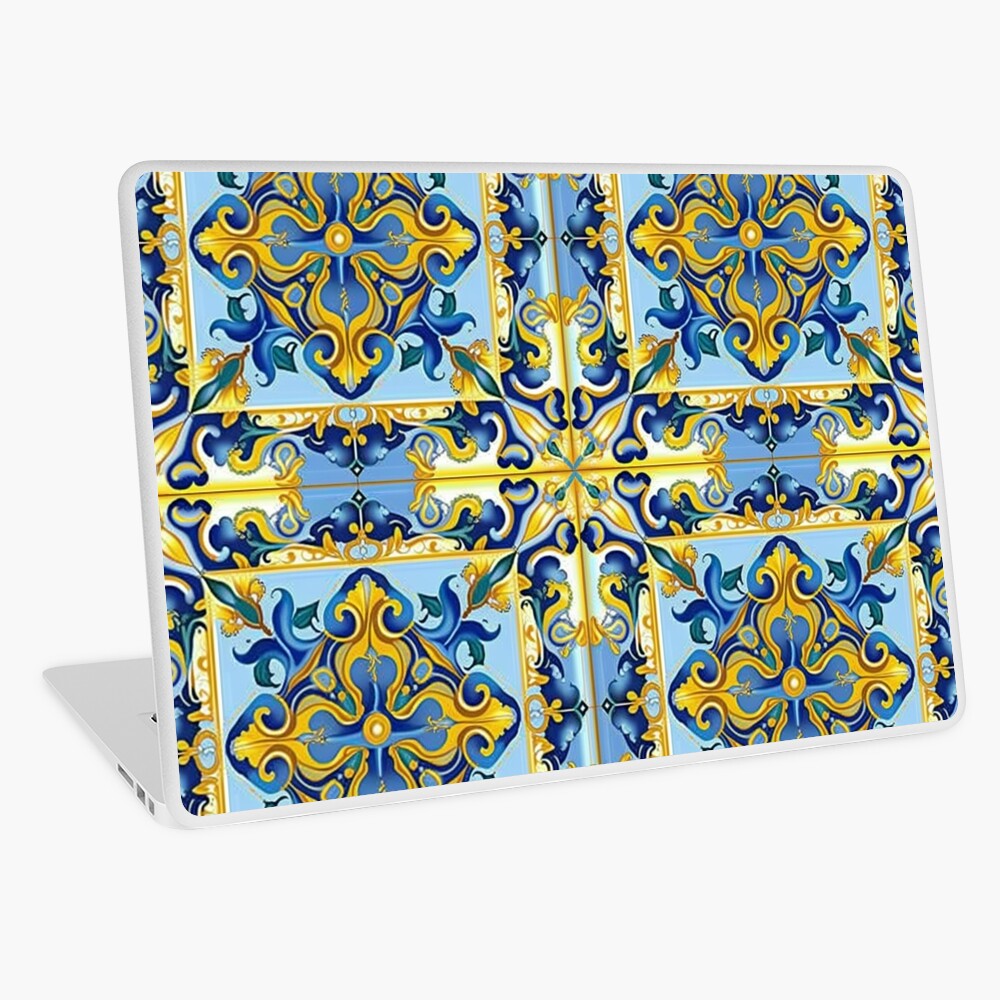 Pattern in Majolica Style. Blue and Gold Colors on White Art Print by  Savgraf