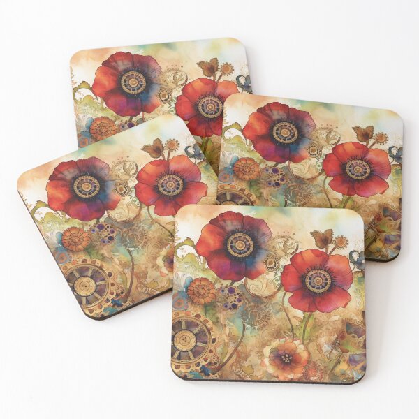 Item preview, Steampunk fullbloom poppies field watercolors with gold flakes . designed and sold by IrinaMinevich.