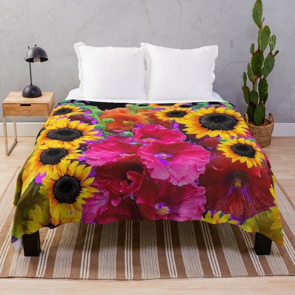 Item preview, HOLLYHOCKS SUNFLOWERS SUMMER GARDEN FLORAL BLACK ART designed and sold by sharlesart.