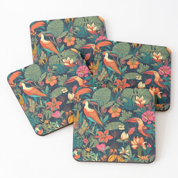 Item preview, A lively tropical forest with exotic birds and colorful flowers designed and sold by Maycon Arts.