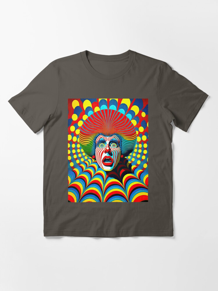 A surprised clown face on a trippy colorful op art background