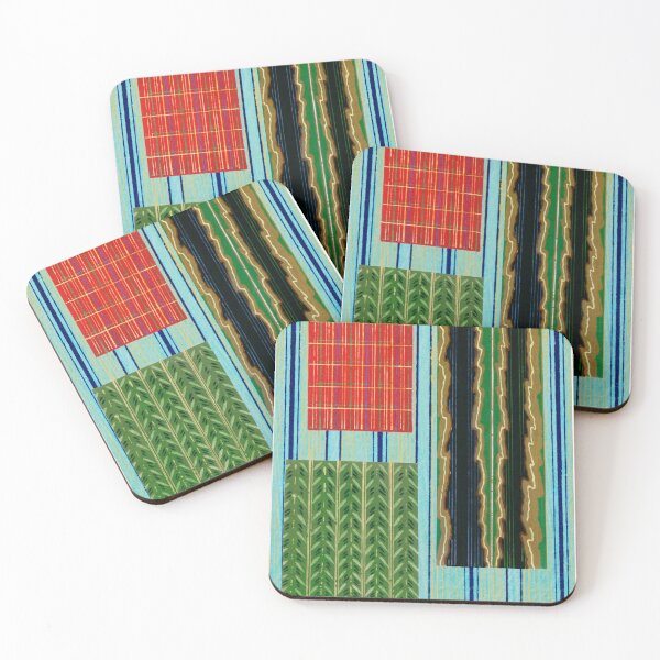 Item preview, JAPANESE TEXTILE COLLAGE SERIES  - Variation No. 2 STRIPES and RECTANGLES - AQUA, GREEN, TOMATO and BLACK designed and sold by MirabiliaMagpie.