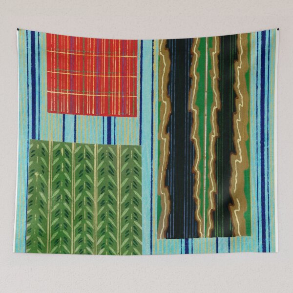 Item preview, JAPANESE TEXTILE COLLAGE SERIES  - Variation No. 2 STRIPES and RECTANGLES - AQUA, GREEN, TOMATO and BLACK designed and sold by MirabiliaMagpie.