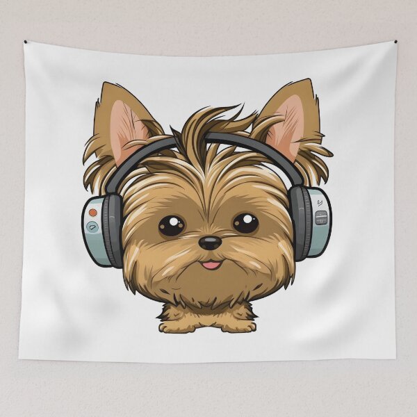 Item preview, Happy puppy yorkshire terrier wearing headphones designed and sold by joyandoman.