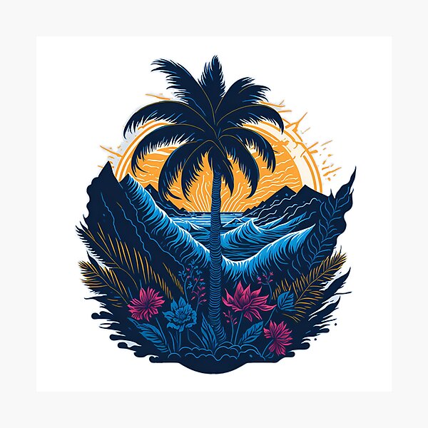 Item preview, Floral Fantasy: Majestic Palm Tree and Colourful Flowers T-Shirt Design| Seaside Beauty: Palm Tree, Waves, and Sunrise T-Shirt Graphic designed and sold by RedArtG09.
