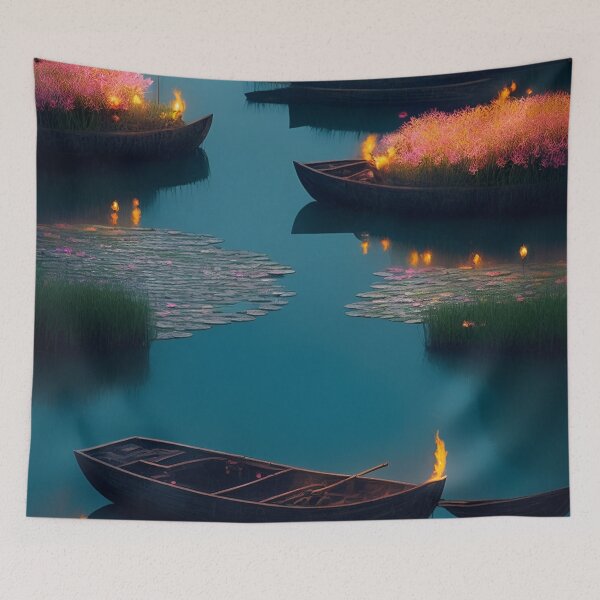 Item preview, Lotus Pond at Night Art Work designed and sold by ArtsyWishesShop.