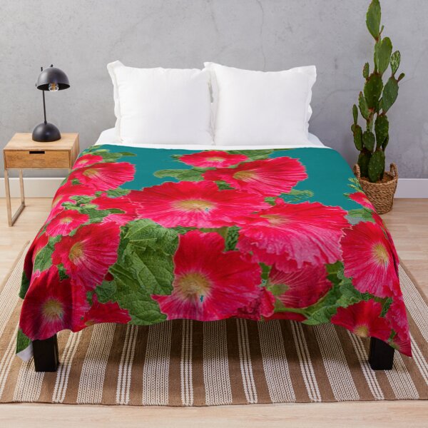 Item preview, RED HOLLYHOCK GARDEN FLOWERS TEAL COLOR ART designed and sold by sharlesart.