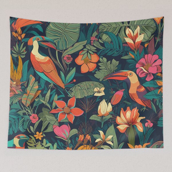 Item preview, A lively tropical forest with exotic birds and colorful flowers designed and sold by Maycon Arts.