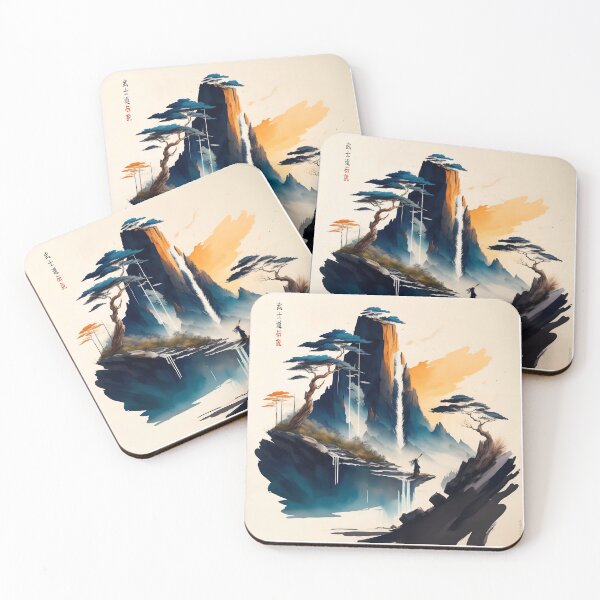 Item preview, Japanese waterfall, modern sumi-e style oriental digital art. designed and sold by BushidoLegends.