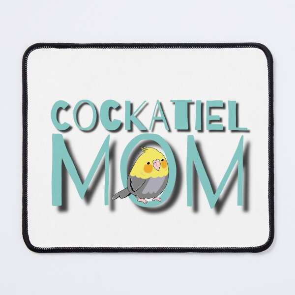 Aperçu de l'œuvre Cockatiel Mom - Pudgy Bird - Yellowface gris, jaune et jaune foncé avec lettrage bleu sarcelle créée et vendue par remyandtutu.