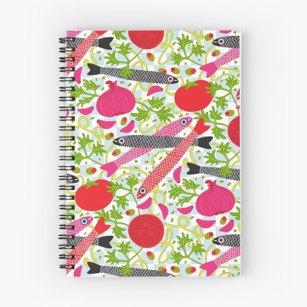 Item preview, PASTA CON MOLLICA DI PANE Gourmet Italian Kitchen Food Cooking Pattern with Anchovies Fish Spaghetti Noodles Tomatoes Garlic Herbs in Bright Red Pink Black Green - UnBlink Studio by Jackie Tahara designed and sold by Jackie Tahara of UnBlink Studio.
