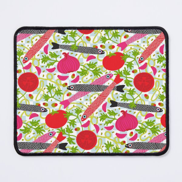 Item preview, PASTA CON MOLLICA DI PANE Gourmet Italian Kitchen Food Cooking Pattern with Anchovies Fish Spaghetti Noodles Tomatoes Garlic Herbs in Bright Red Pink Black Green - UnBlink Studio by Jackie Tahara designed and sold by Jackie Tahara of UnBlink Studio.