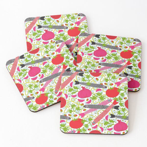 Item preview, PASTA CON MOLLICA DI PANE Gourmet Italian Kitchen Food Cooking Pattern with Anchovies Fish Spaghetti Noodles Tomatoes Garlic Herbs in Bright Red Pink Black Green - UnBlink Studio by Jackie Tahara designed and sold by Jackie Tahara of UnBlink Studio.