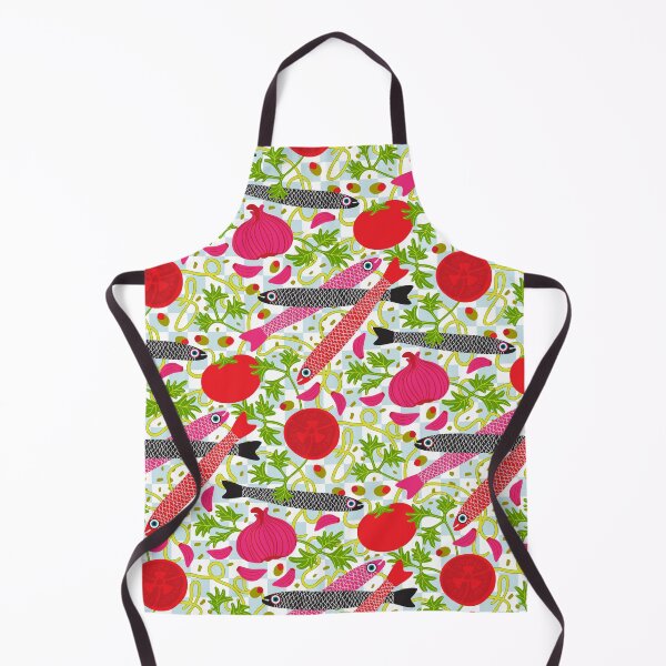 Item preview, PASTA CON MOLLICA DI PANE Gourmet Italian Kitchen Food Cooking Pattern with Anchovies Fish Spaghetti Noodles Tomatoes Garlic Herbs in Bright Red Pink Black Green - UnBlink Studio by Jackie Tahara designed and sold by Jackie Tahara of UnBlink Studio.