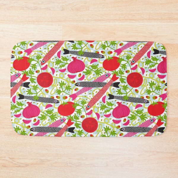 Item preview, PASTA CON MOLLICA DI PANE Gourmet Italian Kitchen Food Cooking Pattern with Anchovies Fish Spaghetti Noodles Tomatoes Garlic Herbs in Bright Red Pink Black Green - UnBlink Studio by Jackie Tahara designed and sold by Jackie Tahara of UnBlink Studio.