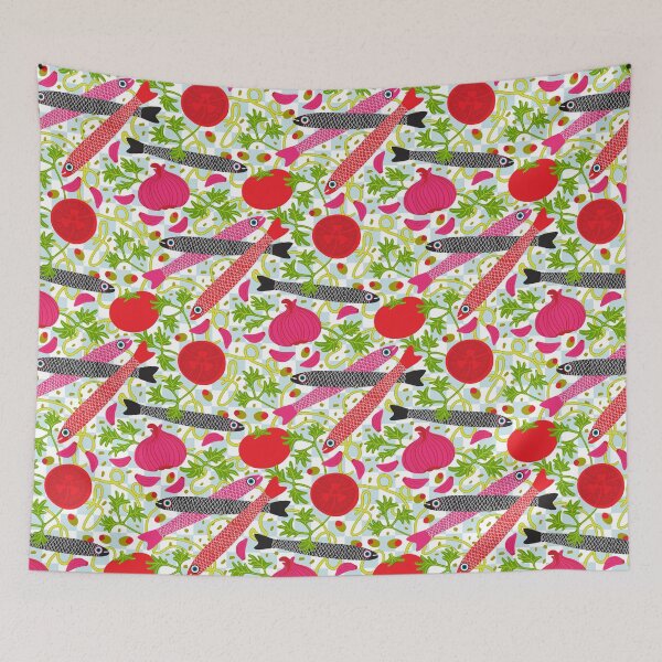Item preview, PASTA CON MOLLICA DI PANE Gourmet Italian Kitchen Food Cooking Pattern with Anchovies Fish Spaghetti Noodles Tomatoes Garlic Herbs in Bright Red Pink Black Green - UnBlink Studio by Jackie Tahara designed and sold by Jackie Tahara of UnBlink Studio.