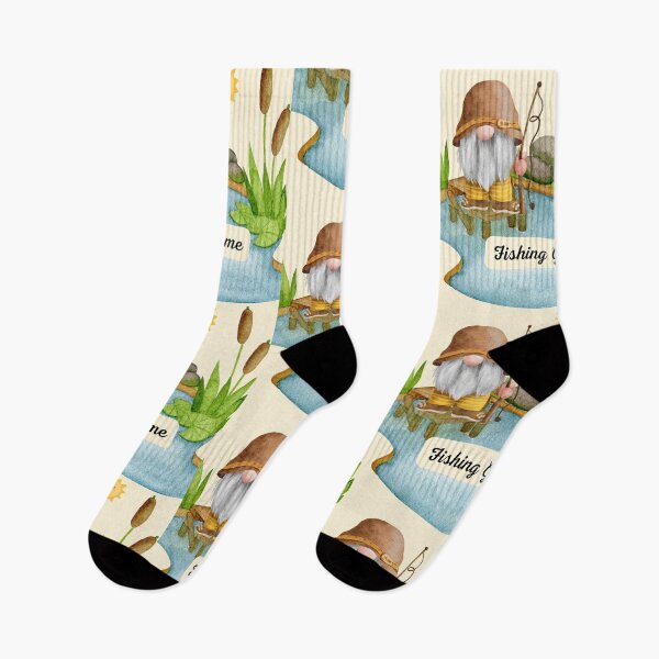 Item preview, summer fishing garden gnome by a pond of water. designed and sold by LGMmugsdesign.