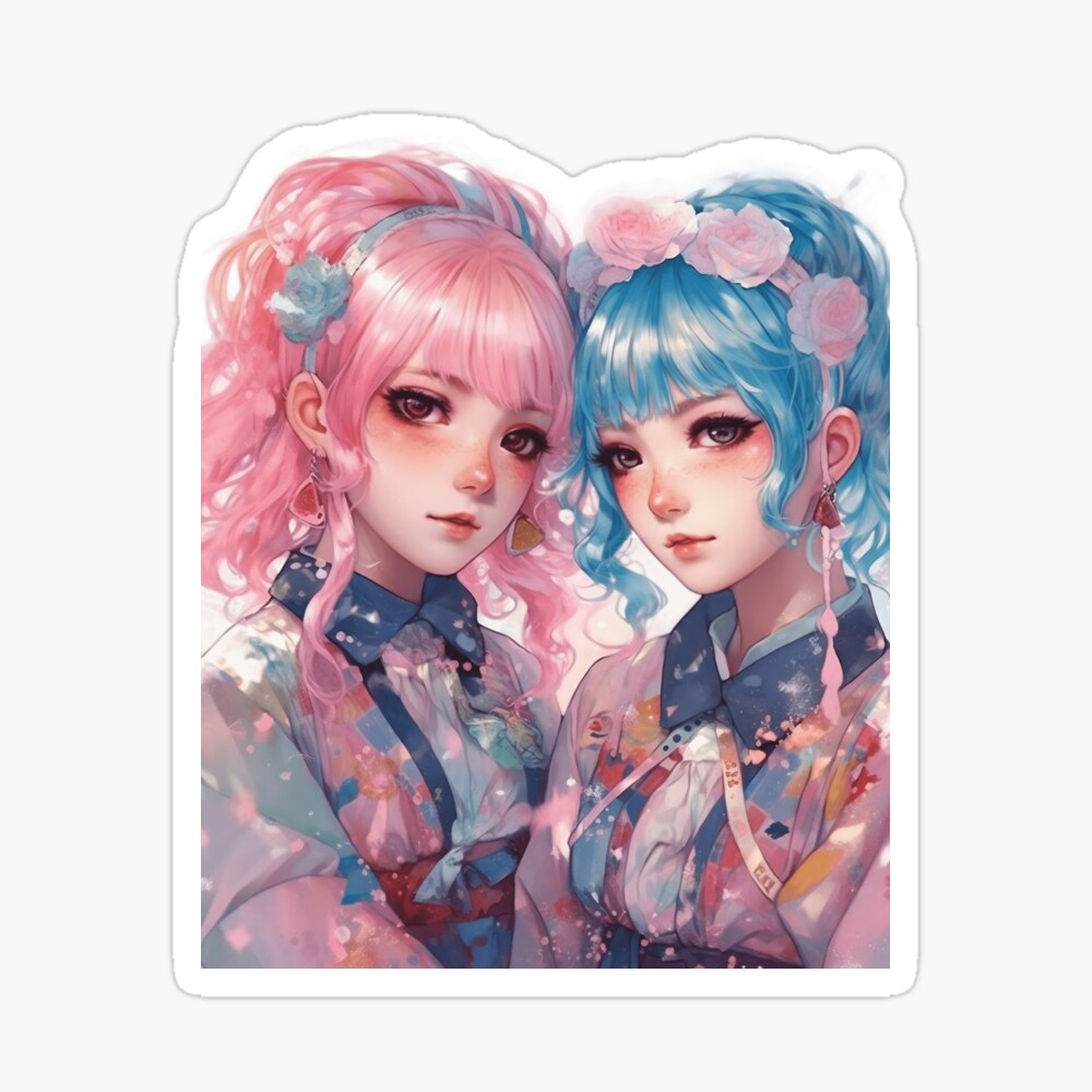 Anime Girl Friends in Pink and Blue Pastel