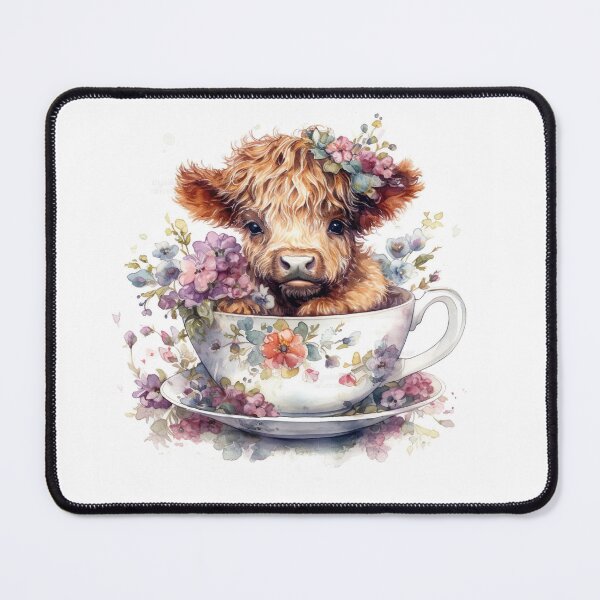 Item preview, Watercolor Floral Teacup Highlander Cow #001 designed and sold by ArtworkbyJM.