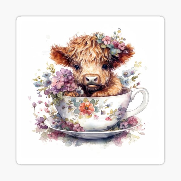Item preview, Watercolor Floral Teacup Highlander Cow #001 designed and sold by ArtworkbyJM.