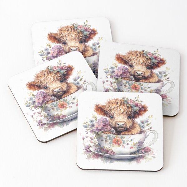 Item preview, Watercolor Floral Teacup Highlander Cow #001 designed and sold by ArtworkbyJM.
