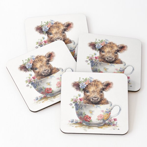 Item preview, Watercolor Floral Teacup Baby Highlander Cow #002 designed and sold by ArtworkbyJM.