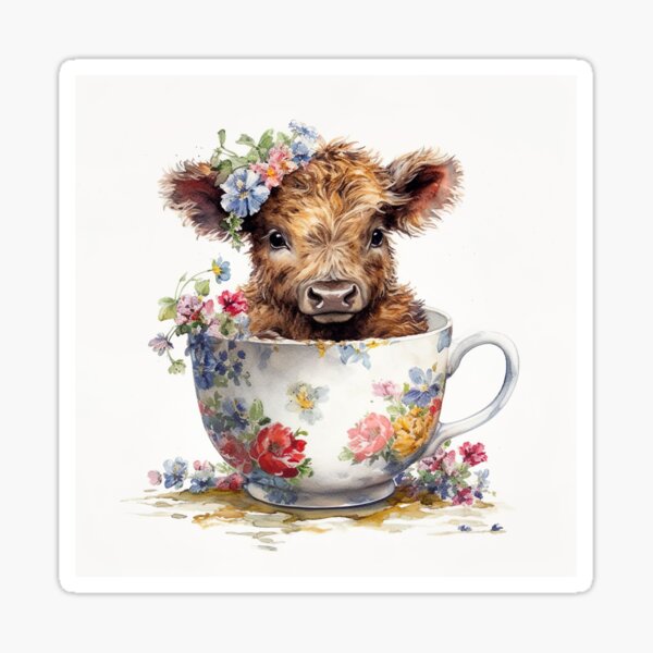 Item preview, Watercolor Floral Teacup Baby Highlander Cow #002 designed and sold by ArtworkbyJM.