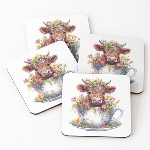 Item preview, Watercolor Floral Teacup Baby Highlander Cow #003 designed and sold by ArtworkbyJM.