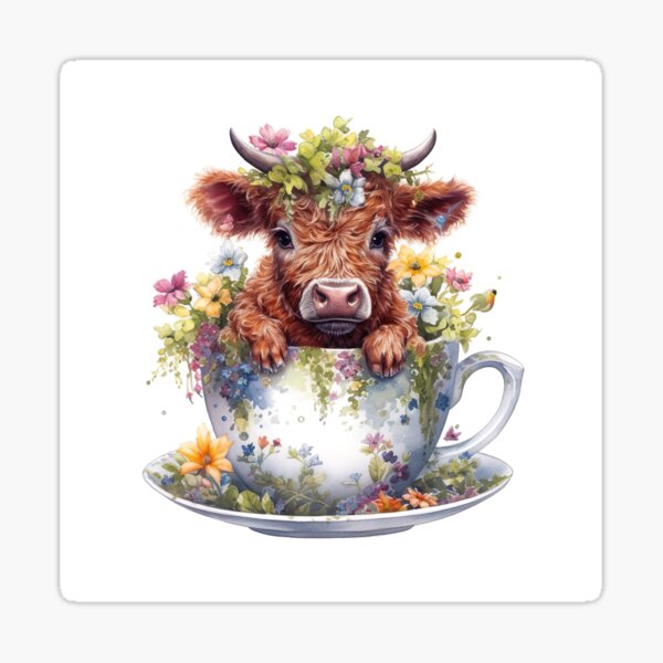 Item preview, Watercolor Floral Teacup Baby Highlander Cow #003 designed and sold by ArtworkbyJM.