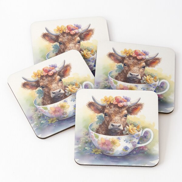 Item preview, Watercolor Floral Teacup Baby Highlander Cow #004 designed and sold by ArtworkbyJM.