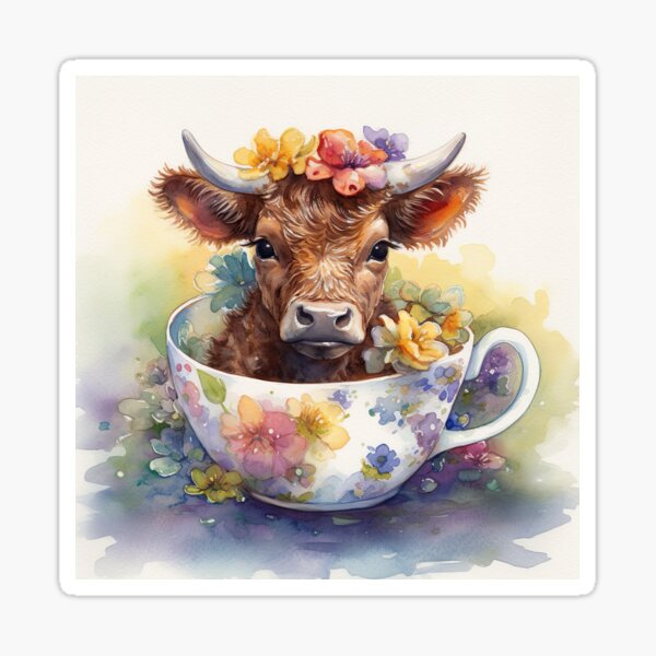 Item preview, Watercolor Floral Teacup Baby Highlander Cow #004 designed and sold by ArtworkbyJM.