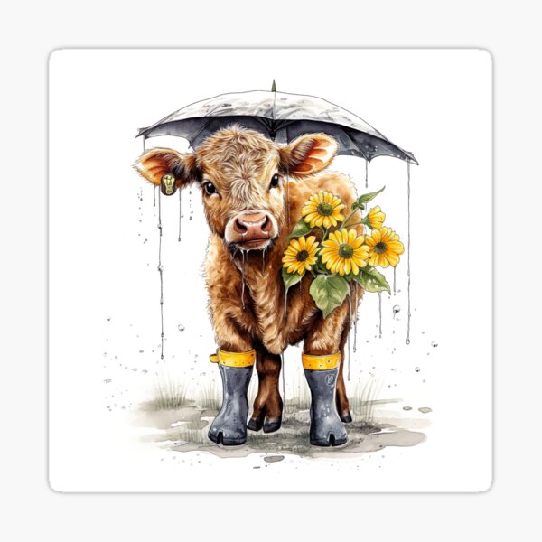 Item preview, Watercolor Rainy Day Cow Rainboots and Sunflowers #001 designed and sold by ArtworkbyJM.