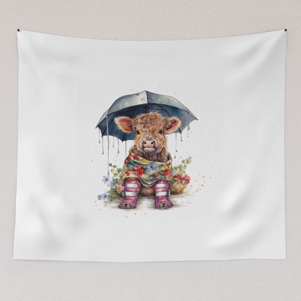 Item preview, Watercolor Rainy Day Baby Highlander Cow Florals and Rainboots #001 designed and sold by ArtworkbyJM.