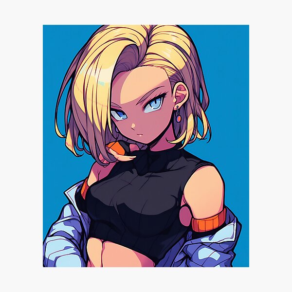 Item preview, android 18 BLUE BACKGROUND pose designed and sold by MainEVENTshirt.