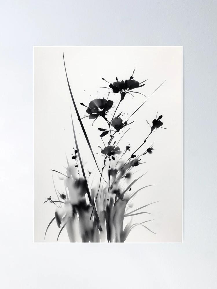 墨絵　Sumi-e a painting in black ＆white Minimalist Japanese ink art in black & white. Sumi-e style