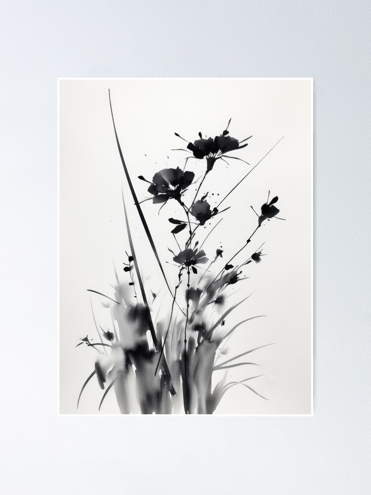 Minimalist Japanese ink art in black & white. Sumi-e style