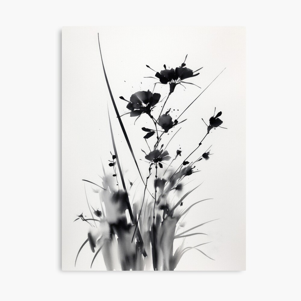 Minimalist Japanese ink art in black & white. Sumi-e style