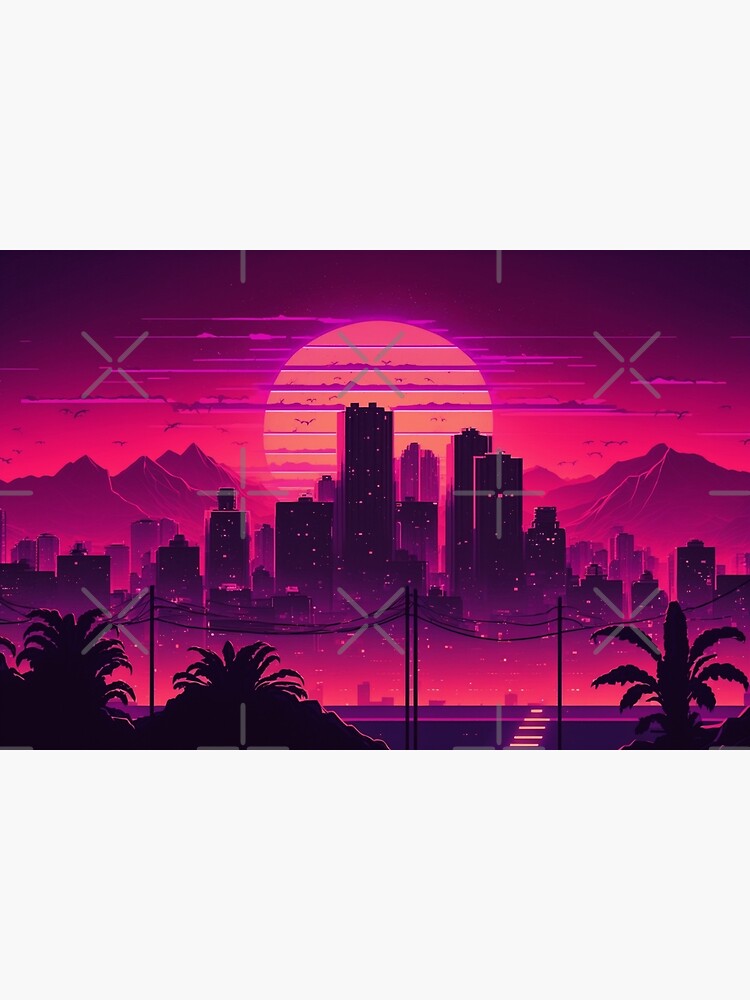 Retro-Futuristic Car Driving Through City Towards Synthwave Sun  Throw  Pillow for Sale by Nightarcade