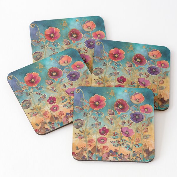 Item preview, Steampunk fullbloom poppies field watercolors with gold flakes . designed and sold by IrinaMinevich.