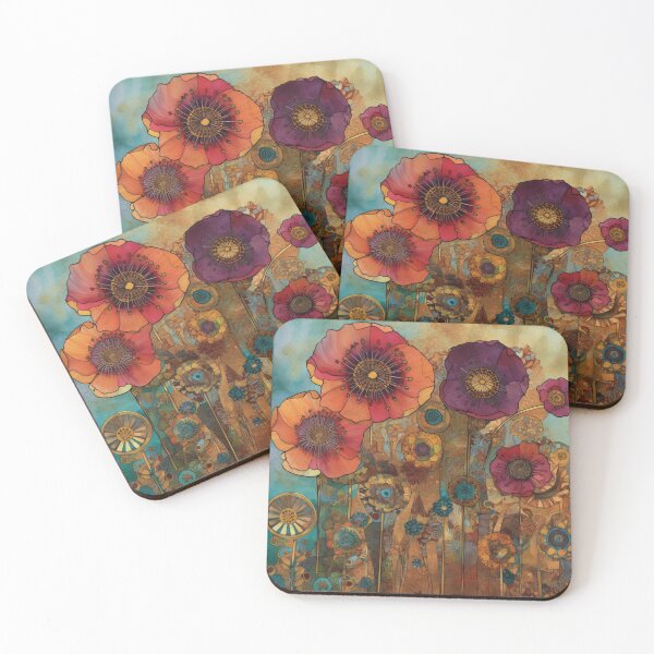 Item preview, Steampunk fullbloom poppies field watercolors with gold flakes . designed and sold by IrinaMinevich.