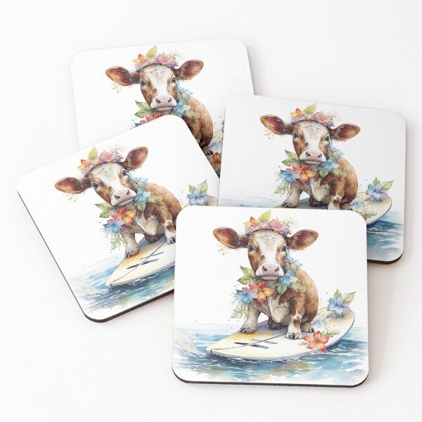 Item preview, Watercolor Surfing Beach Cow with Florals #003 designed and sold by ArtworkbyJM.