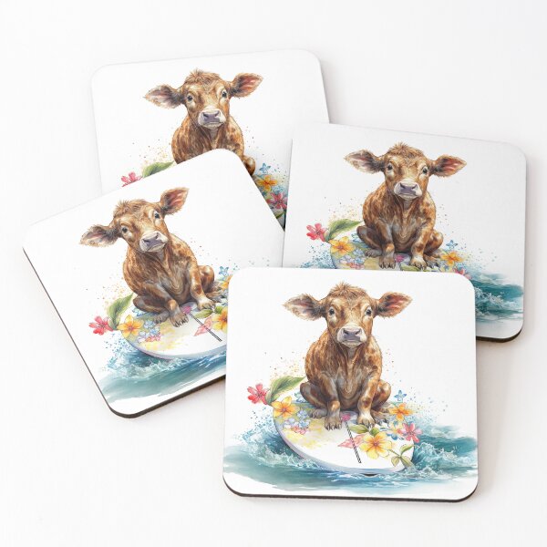 Item preview, Watercolor Surfing Beach Cow with Florals #004 designed and sold by ArtworkbyJM.