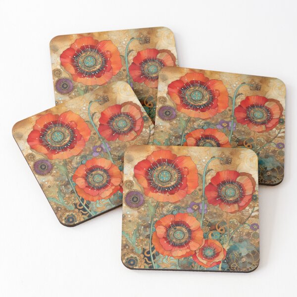 Item preview, Steampunk fullbloom poppies field watercolors with gold flakes designed and sold by IrinaMinevich.