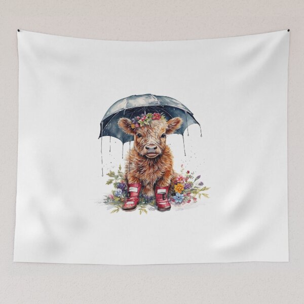 Item preview, Watercolor Rainy Day Baby Highlander Cow Florals and Rainboots #009 designed and sold by ArtworkbyJM.