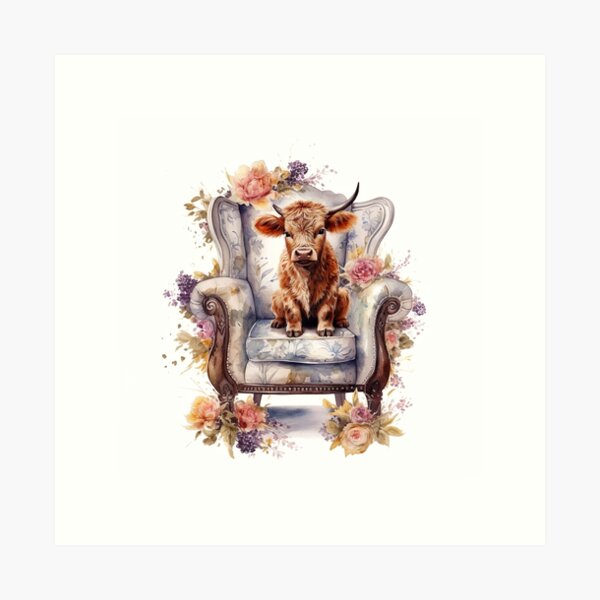 Item preview, Watercolor Regal Highlander Cow Sitting in Chair #001 designed and sold by ArtworkbyJM.