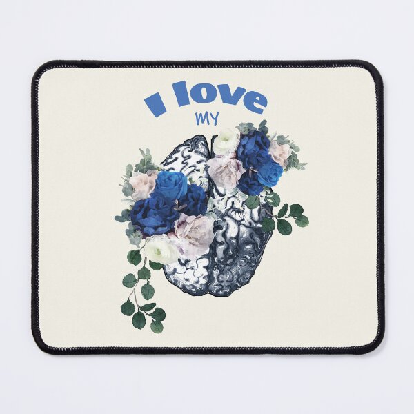 Item preview, Brain mental health psychology, I love my brain, Blue flowers and roses, anatomy watercolor art designed and sold by Collagedream.